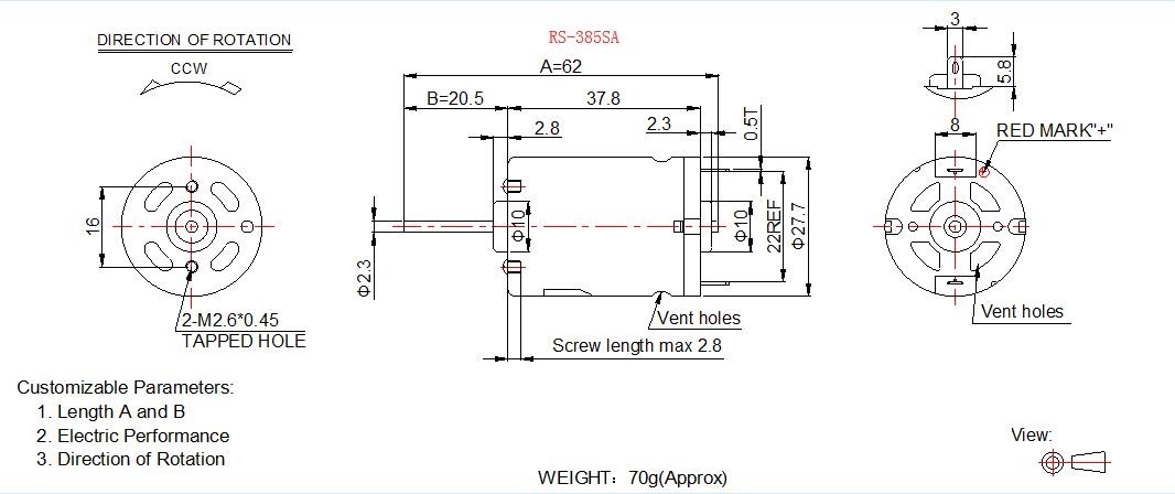 RS-385 Automotive DC Motor , 12 Volt High Speed DC Motor With Carbon Brush