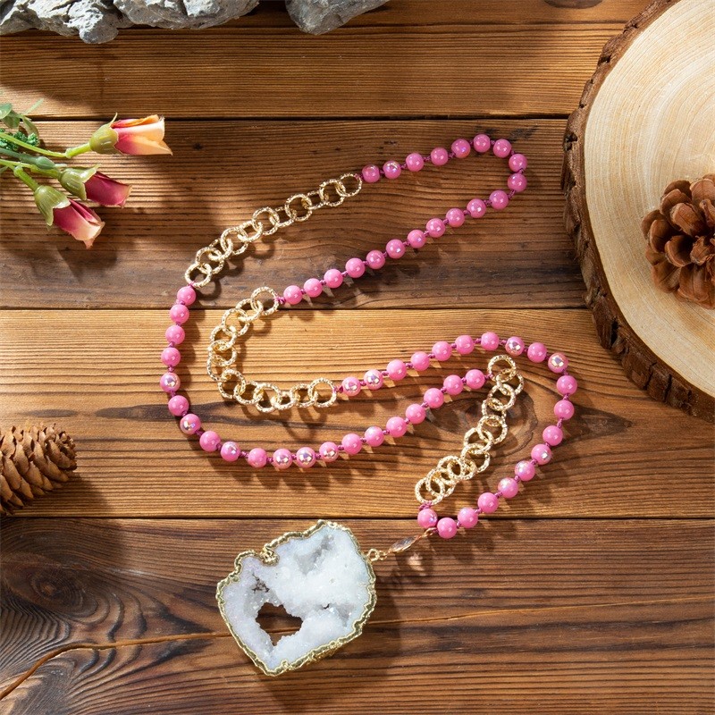 White Druzy Pendant Pink Color Beads Long Necklace With Gold Edge