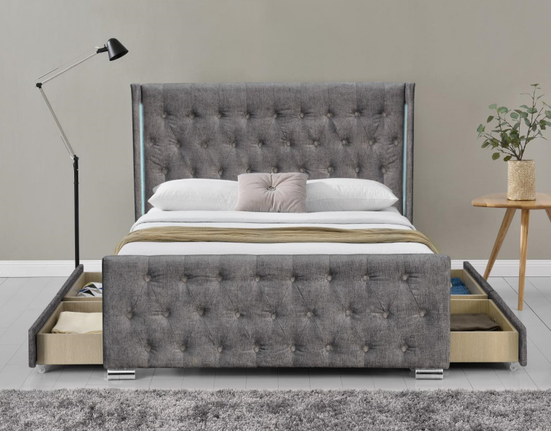 CE BSCI Wing Back Ottoman Tufted Queen Storage Bed With Draws And Led