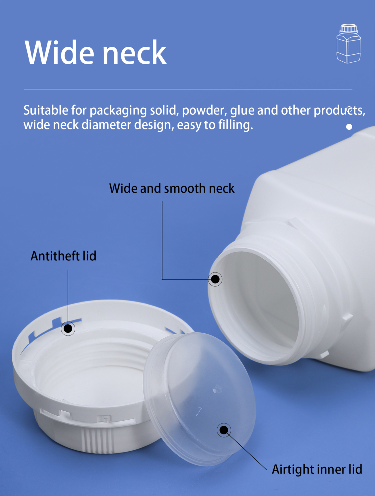 SCREW CAP Square Plastic Bottles for Powder Solids Gel Container UMETASS 250ML 500ML