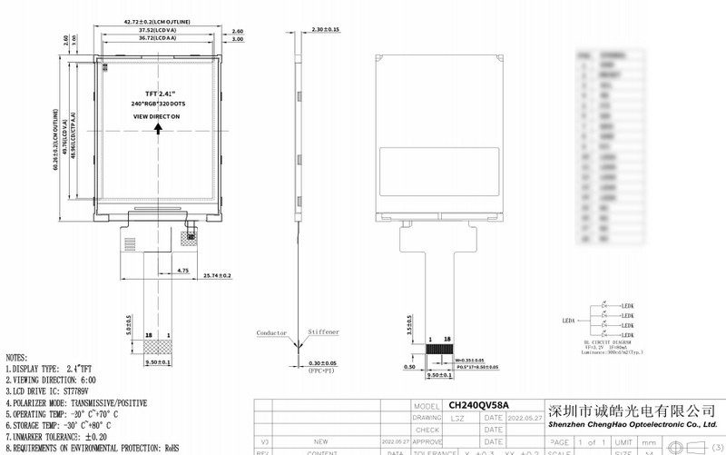 2.4 Inch TFT LCD Display RGB 240x320 Resolution With ST7789V