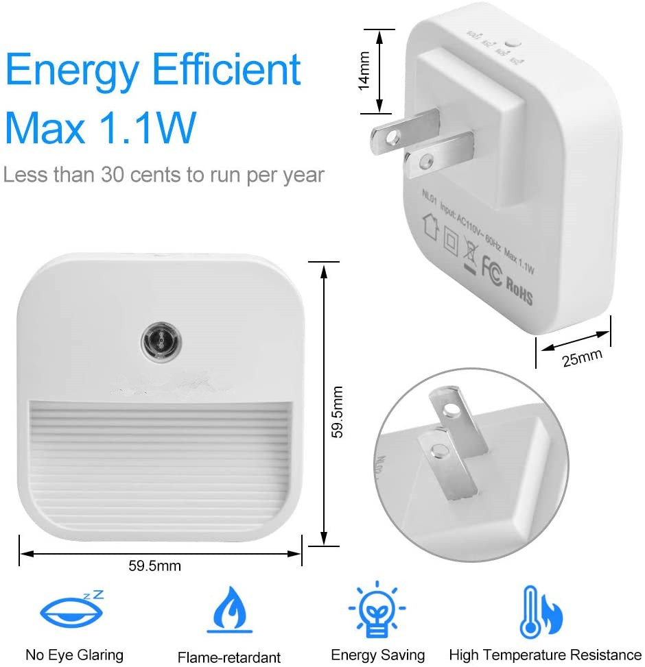 Plug-in Night Light, Warm White LED Nightlight, 4 Level Brightness Dusk-to-Dawn Sensor Light