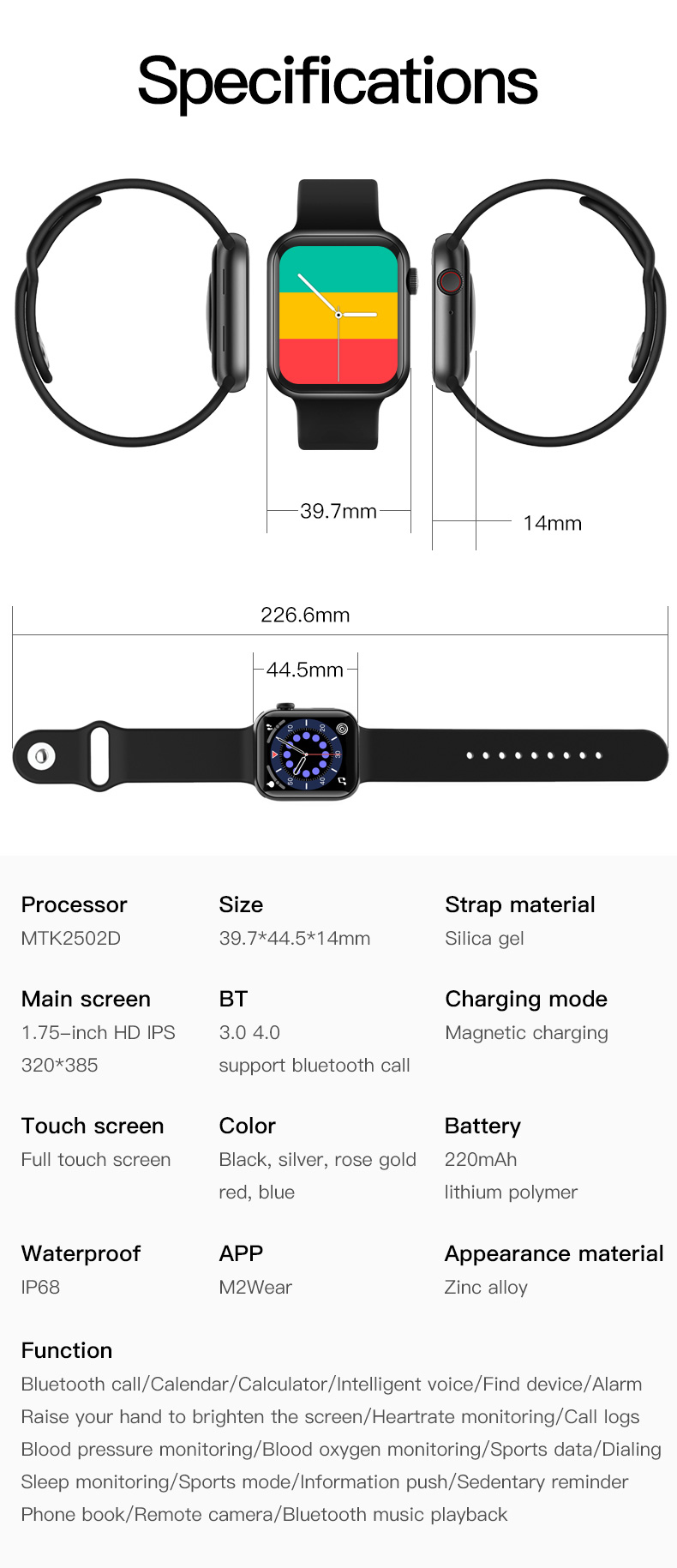 1.7inch Square Shape Smartwatch 320*385 Bracelet Band Sports Mode Run Climb Indoor Alarm Clock