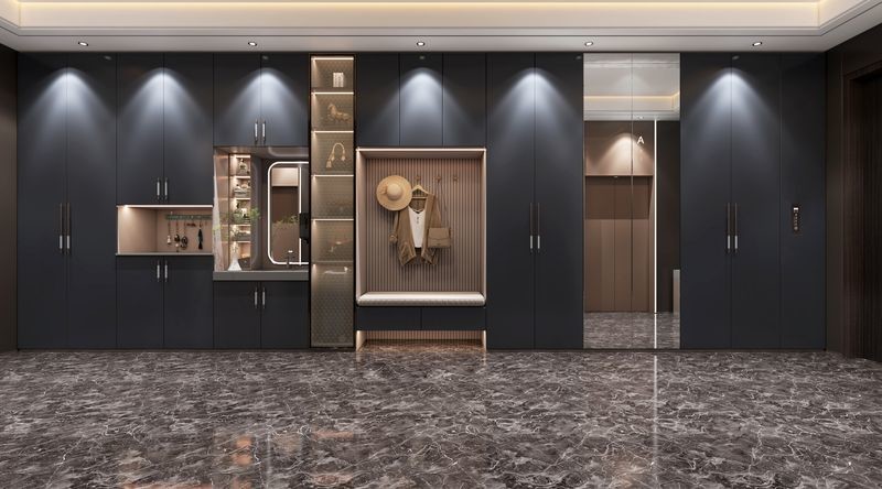 Sleek Entry Way Storage Cabinet With Dark Matte Finish And LED Lighting