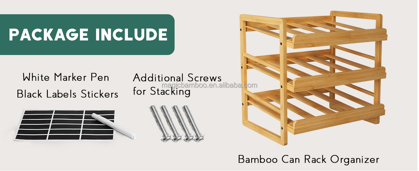 Food 3 Tier Stackable Bamboo Can Holder Storage Organizer with Sustainable Label Sticker