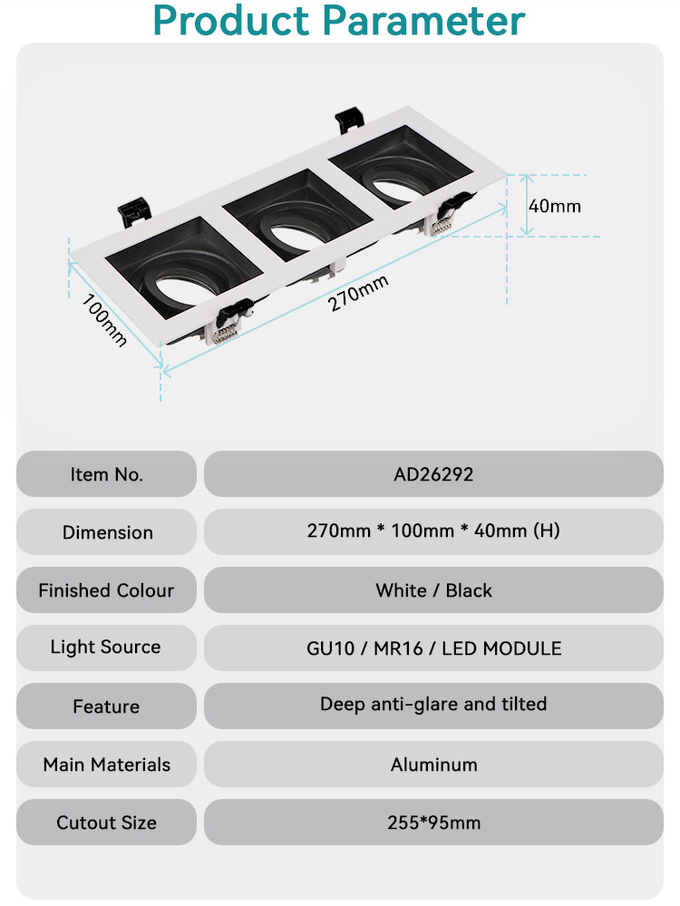 Recessed Spotlight Downlight Frame Triple-head GU10 MR16 Commercial Adjustable