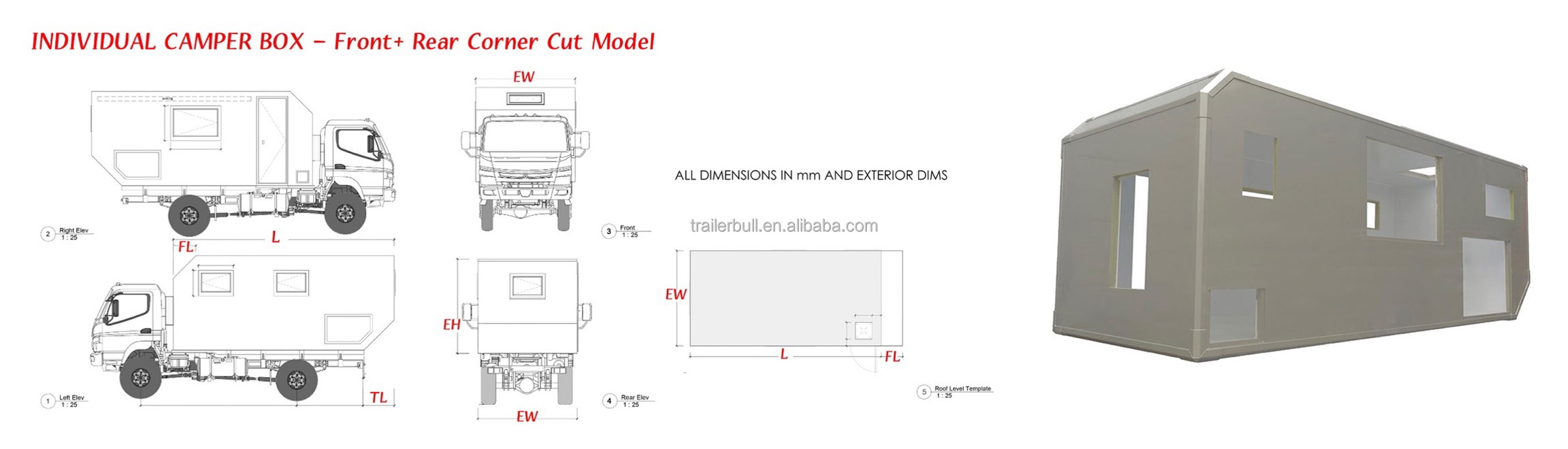 16ft FUSO 4x4 Truck Camper Motorhome Box DIY Recreational Vehicle FRP White /Customize