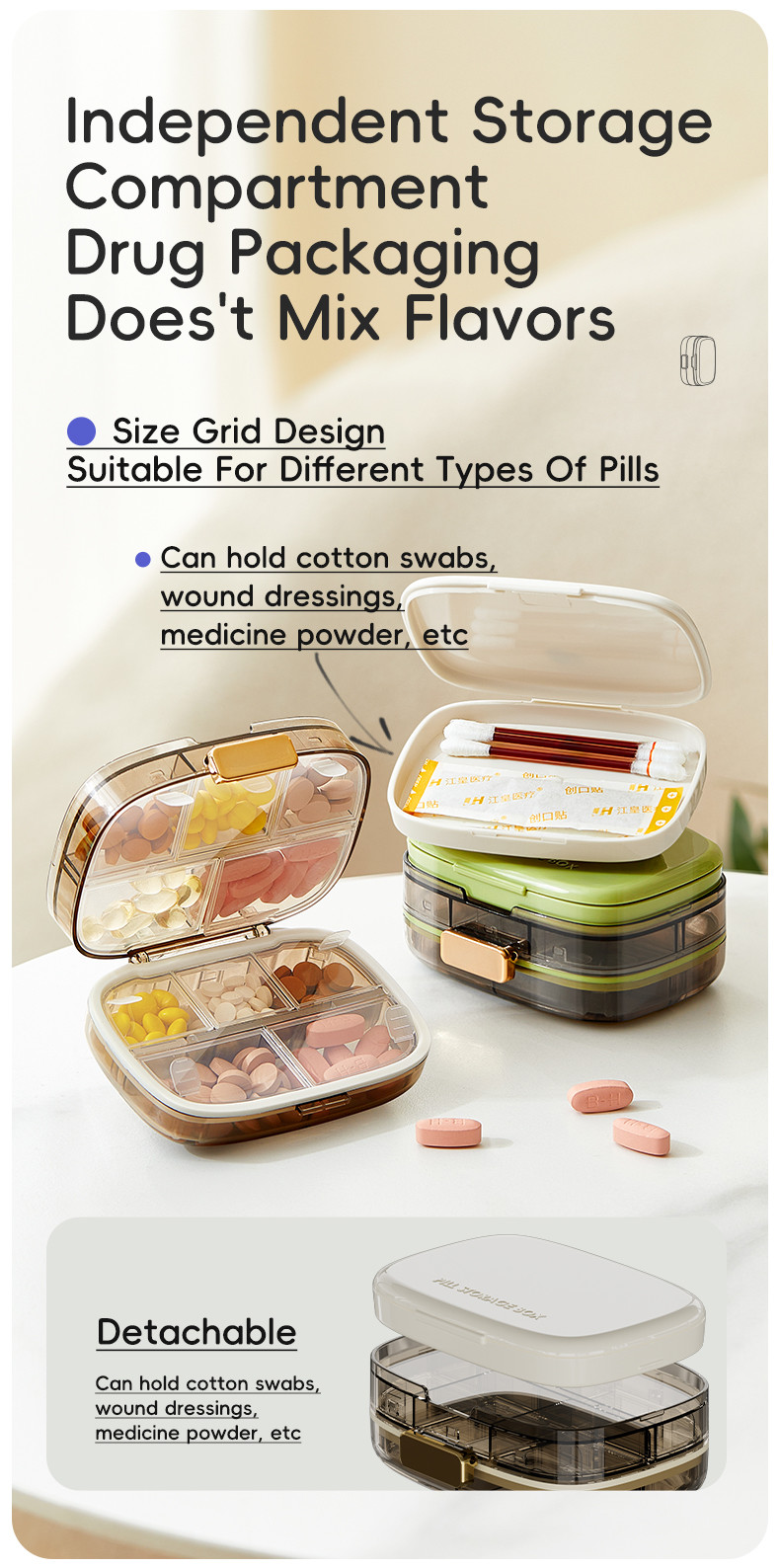 Travel Pill Organizer Box with Large Compartments Portable Pill Case Weekly Medicine Container for Vitamins Fish Oils Supplements