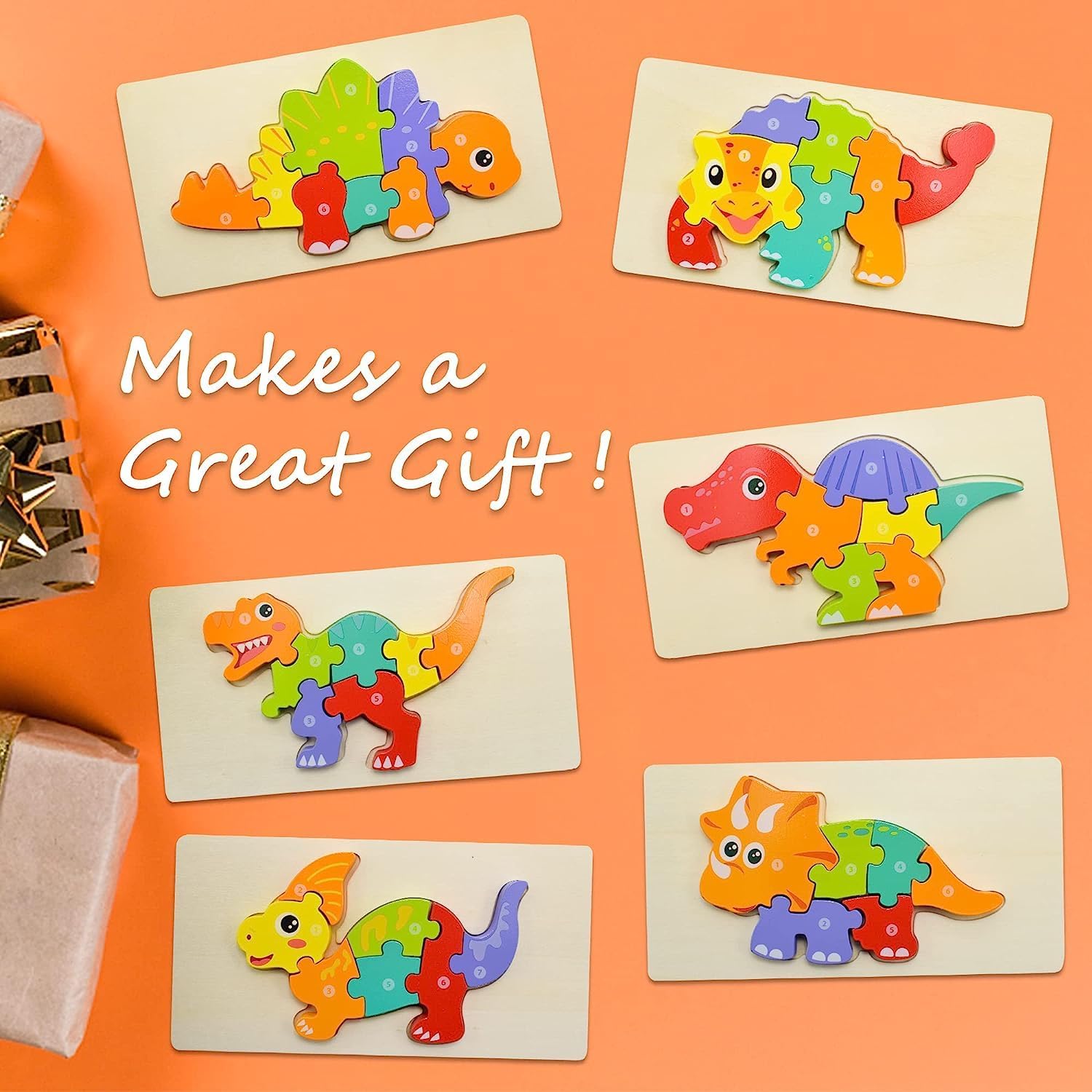Age Range 2 to 4 Years 6 Pack Wooden Dinosaur Puzzles for Toddlers Educational Toys