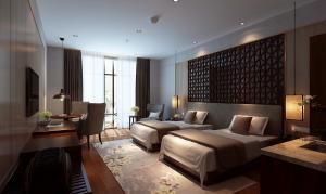 China Customized Hotel Bedroom Furniture Sets Walnut Veneer Bed E1 Plywood wholesale