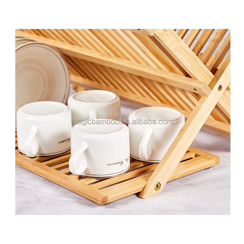 Collapsible 3 tier Bamboo Wooden Dish Drying Rack With Utensil Holder