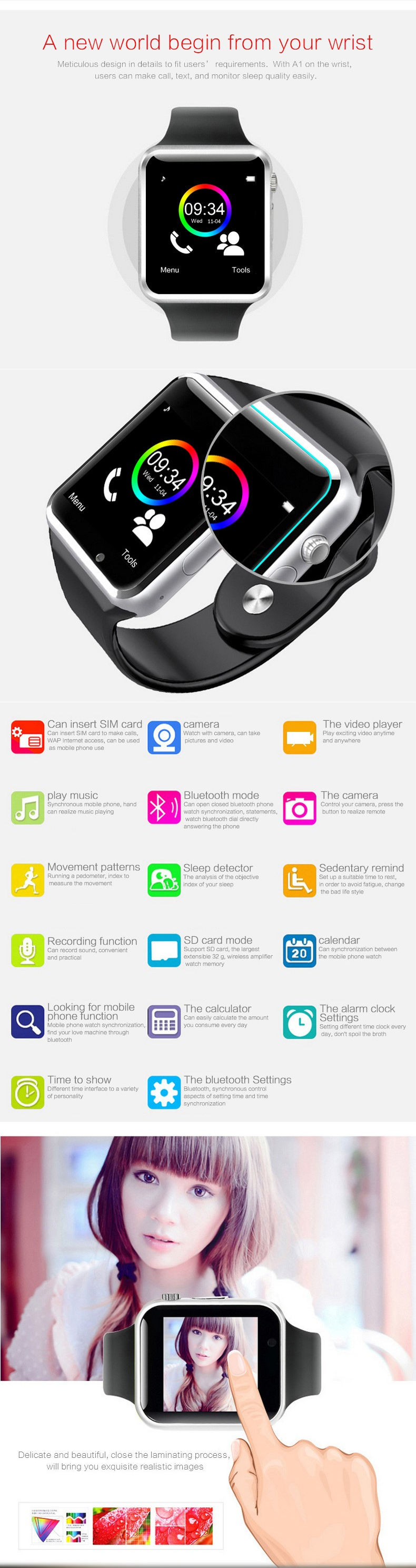 Smart Watch A1 Smartwatch For Android IOS Phone Women BLE Watch With Retail Box Spain Market