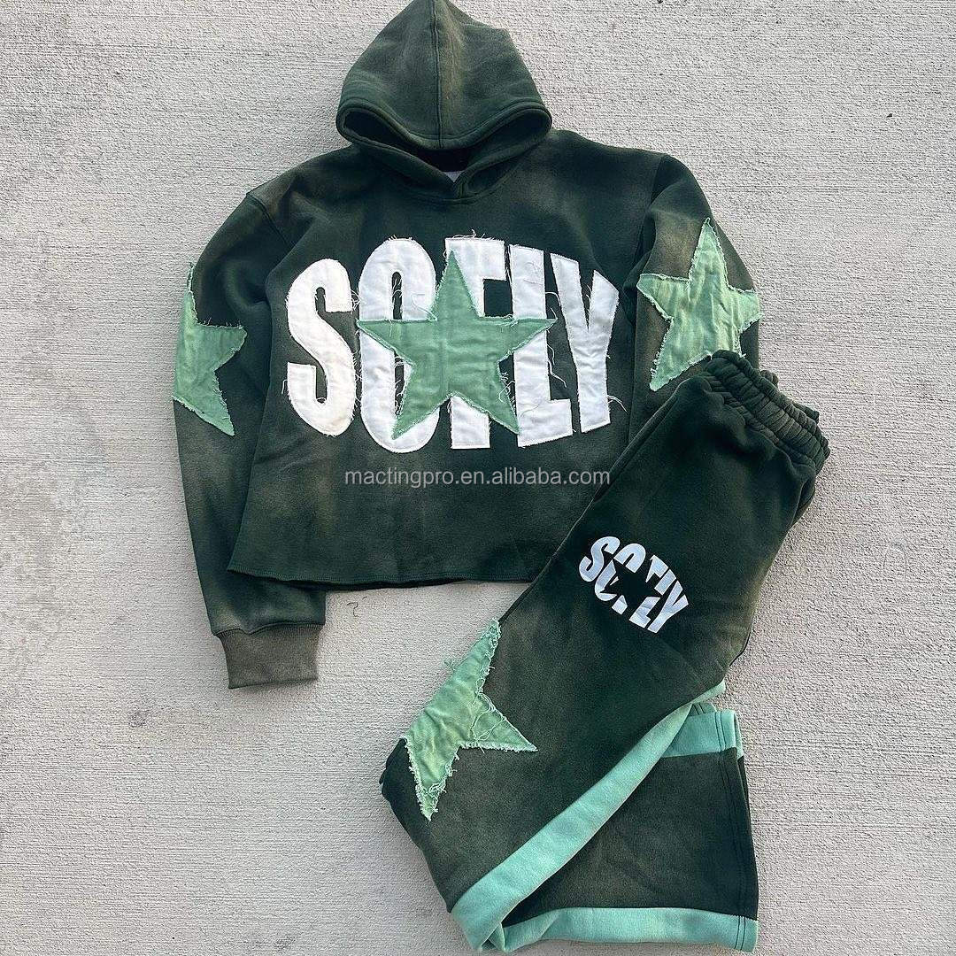 400 Grams Custom Embroidered Hoodie Set with Applique Patch and Flared Sweat Pants