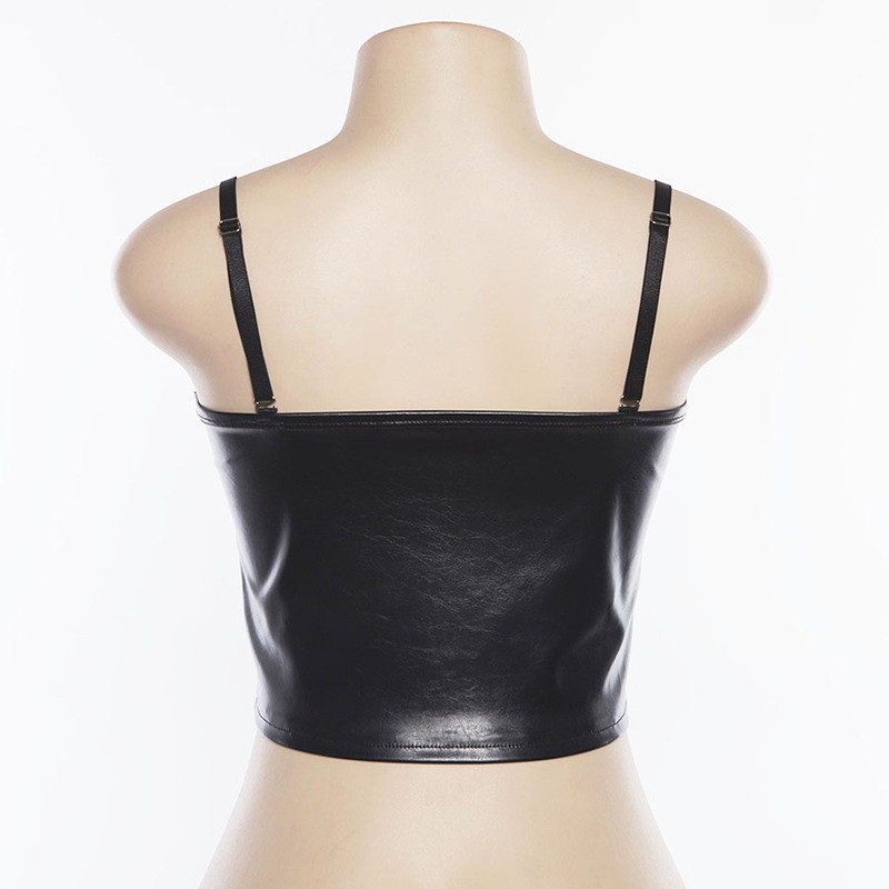 Open Back Ladies Camisole Tank Tops , Slim Short PU Leather Tank Top