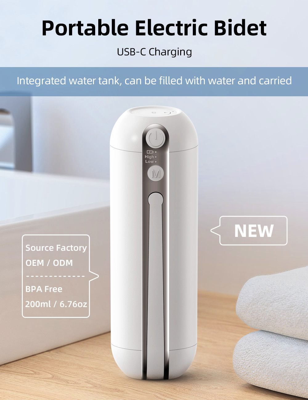 Electric Portable Bidet 200ml Capacity With USB-C Charging Cable