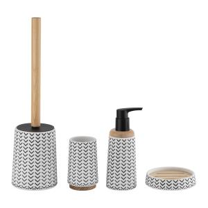 China White Polyresin Bathroom Countertop Accessories Round Taper Shape With Wood Part Toilet Accessories Set Toilet Brushes Hand Wash Dispenser wholesale