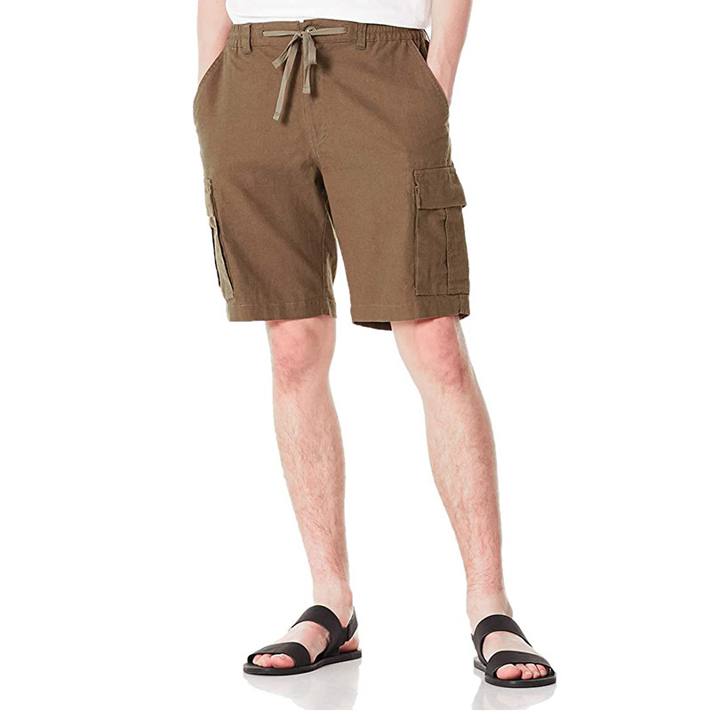 Men'S Cotton Linen Blend Cargo Shorts 9.5 Inch Inseam Shorts Drawstring Button Closure
