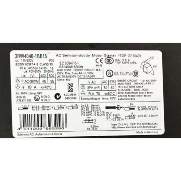 SIEMENS 3RW4046-1BB15 SIRIUS SOFT STARTER S3 80 A, 55 KW/500 V, 40 °C 400-600 V