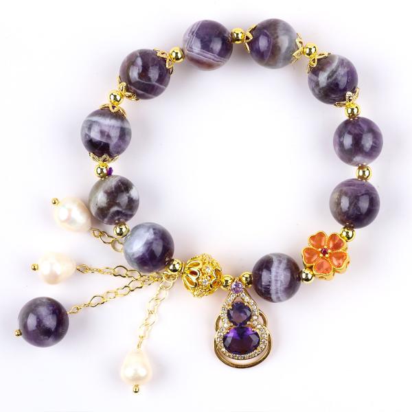 Handmade Gemstone Beaded Bracelet Natural Amethyst Adjustable Peal Charms
