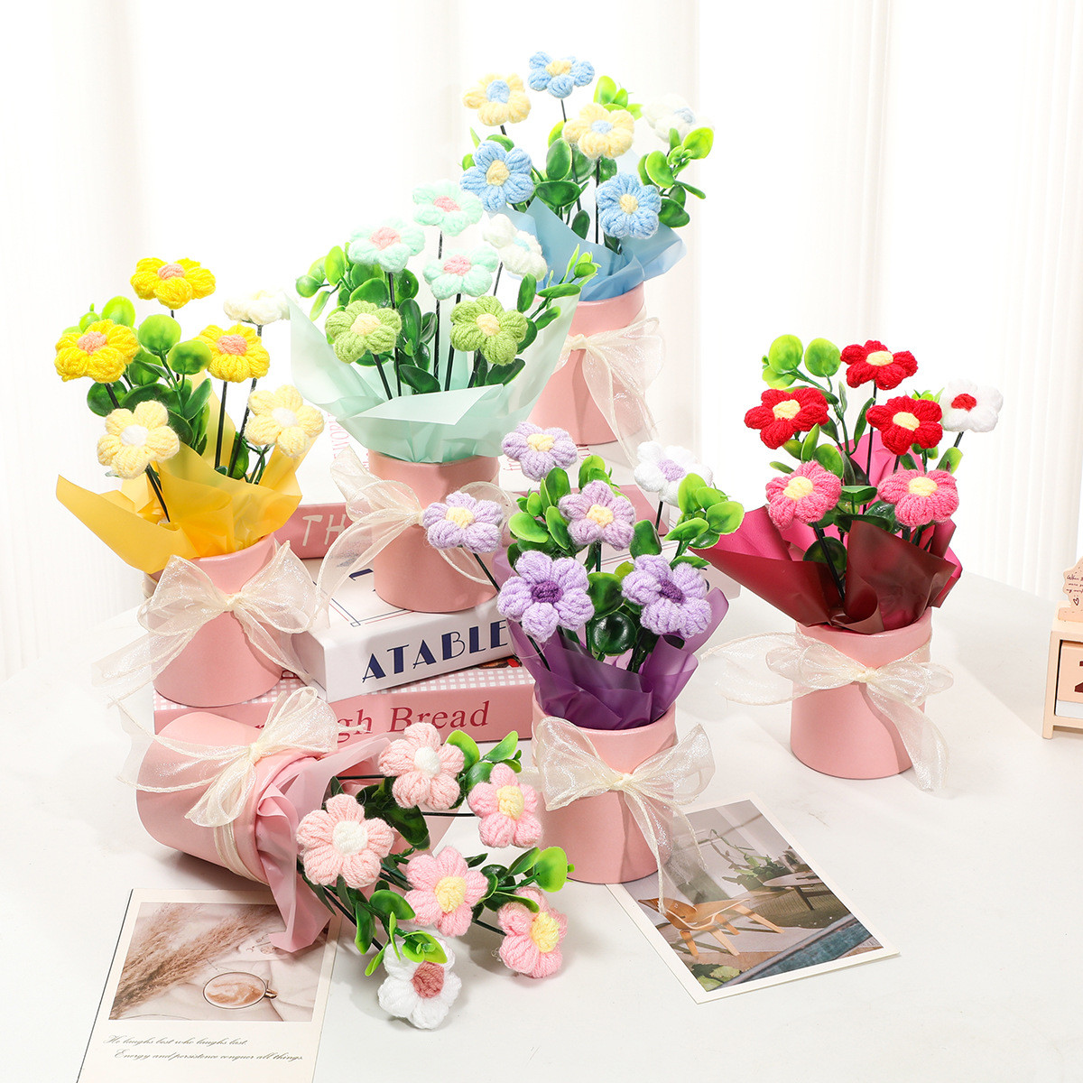 Flowers Variety Knitted Sunflower Puff Hug Bucket Perfect for Women's Day and Mother's Day Celebration