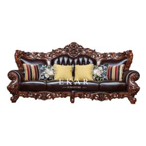 China Oak Wooden Carving Design Royal Luxury Living Room 7 Seater Leather Sofa Set wholesale