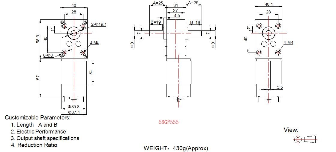 12v DC Worm Gear Motor 24v 5-200 RPM Speed Range With RS 555 DC Motor
