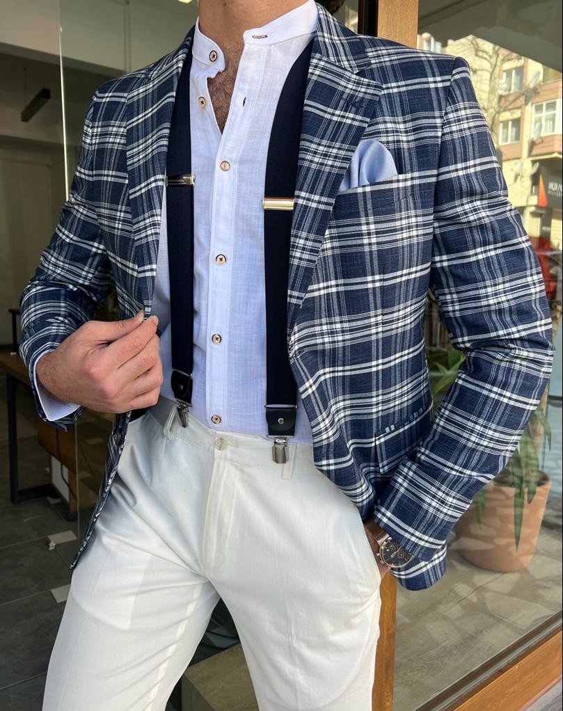65% Viscose 32% Pes 3% Elastane Male Suit Jacket Dark Blue Plaid Blazer