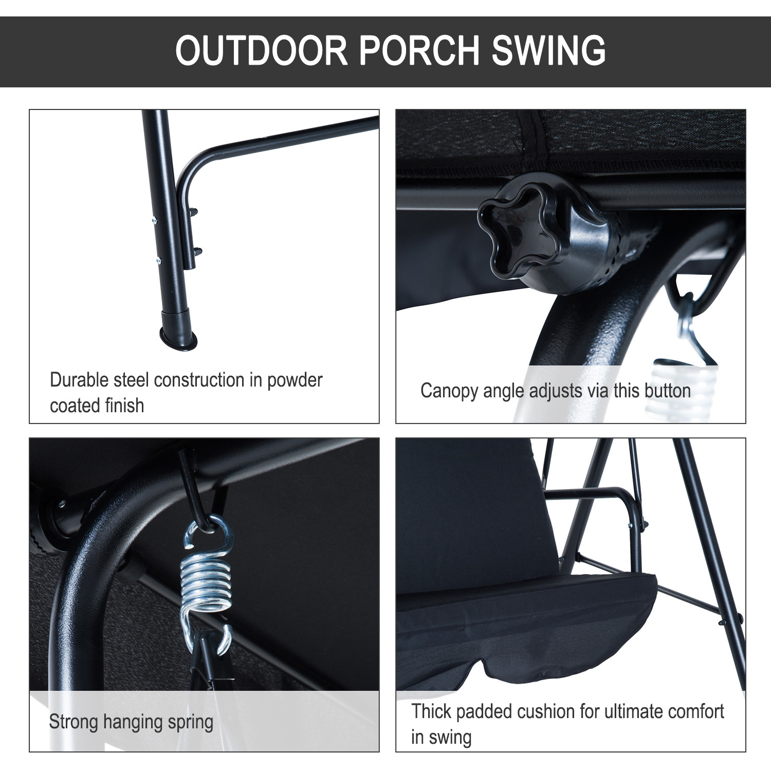 Polyester Cushion AJUNION 3-seater Garden Hanging Swing Chair with Metal and Canopy