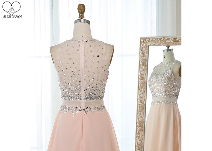 Sweep Train A Line Ball Gown , Beaded Chiffon Blush Pink Prom Dress Sleeveless