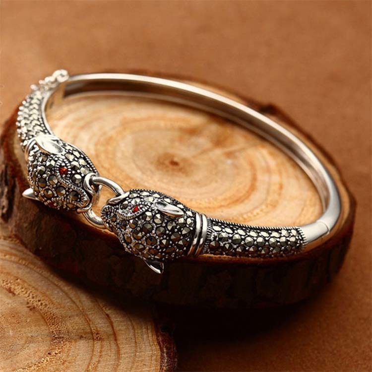 925 Sterling Silver Pave Marcasite Leopard Bangle Bracelet Vintage Jewelry for Women (B6041201)