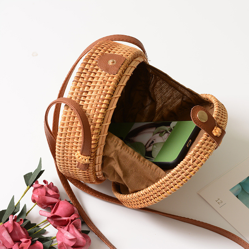 Summer Rattan Shoulder Straw Bag Handmade Beach Circle Bohemia Handbag For Women