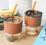 450ml Leather Glass Water Bottle With Glass Straw
