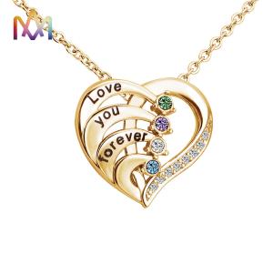 China 45cm Stainless Steel Heart Pendant Necklace With Birthstone Inlayed Engraving Jewelry Gifts wholesale