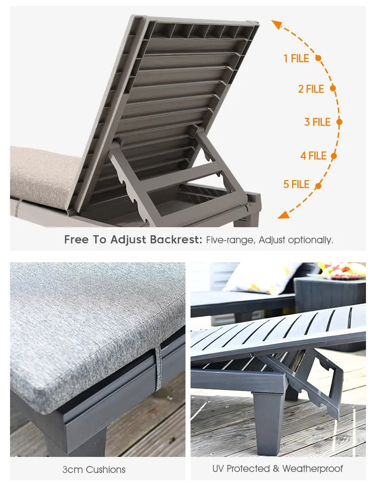 Modern Outdoor Beach Patio Hotel Sun Lounger Chair with Cushion and Stackable Design