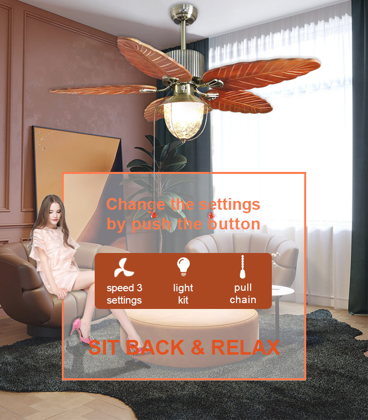 Traditional 52inch Wood Blade Pull Chain Control Switch Decorative Ceiling Fan with Lights