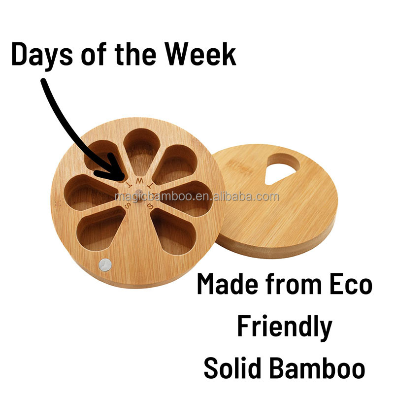 Functional and Durable Bamboo Daily Travel Round Pill Organizer with Days of the Week