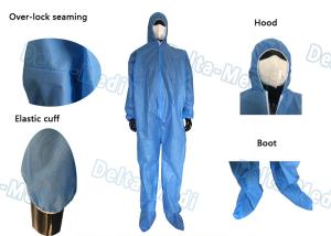 China Hooded Blue Disposable Coveralls , Sterile Sms Disposable Chemical Coveralls wholesale