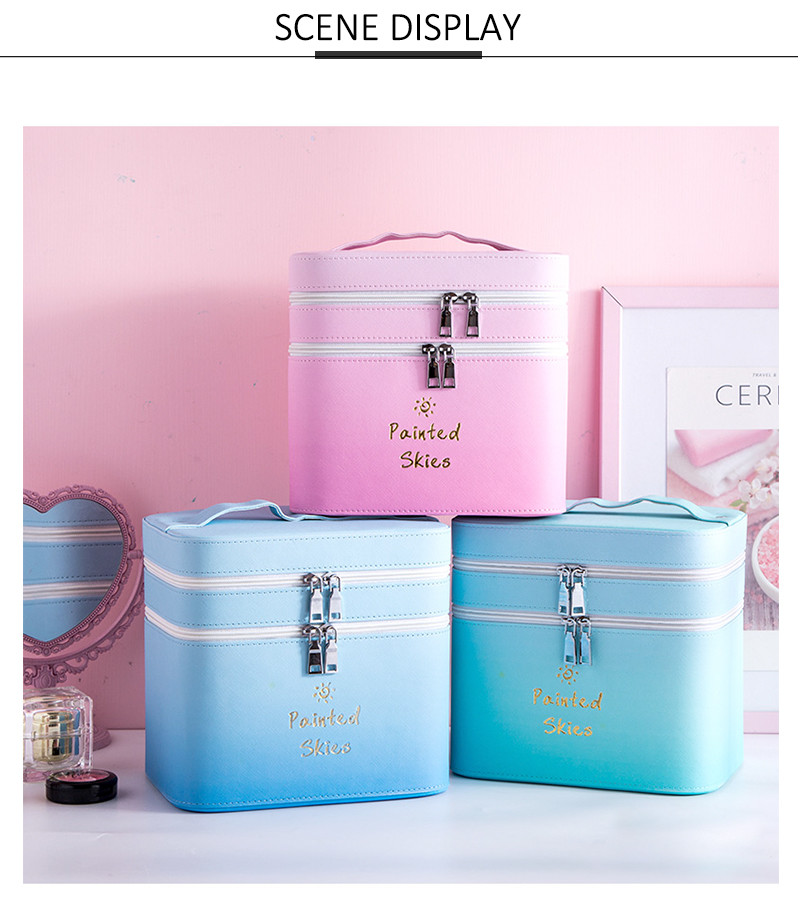 Debossed Logo PU Leather Travel Double Layers Cosmetic Makeup Bag Case