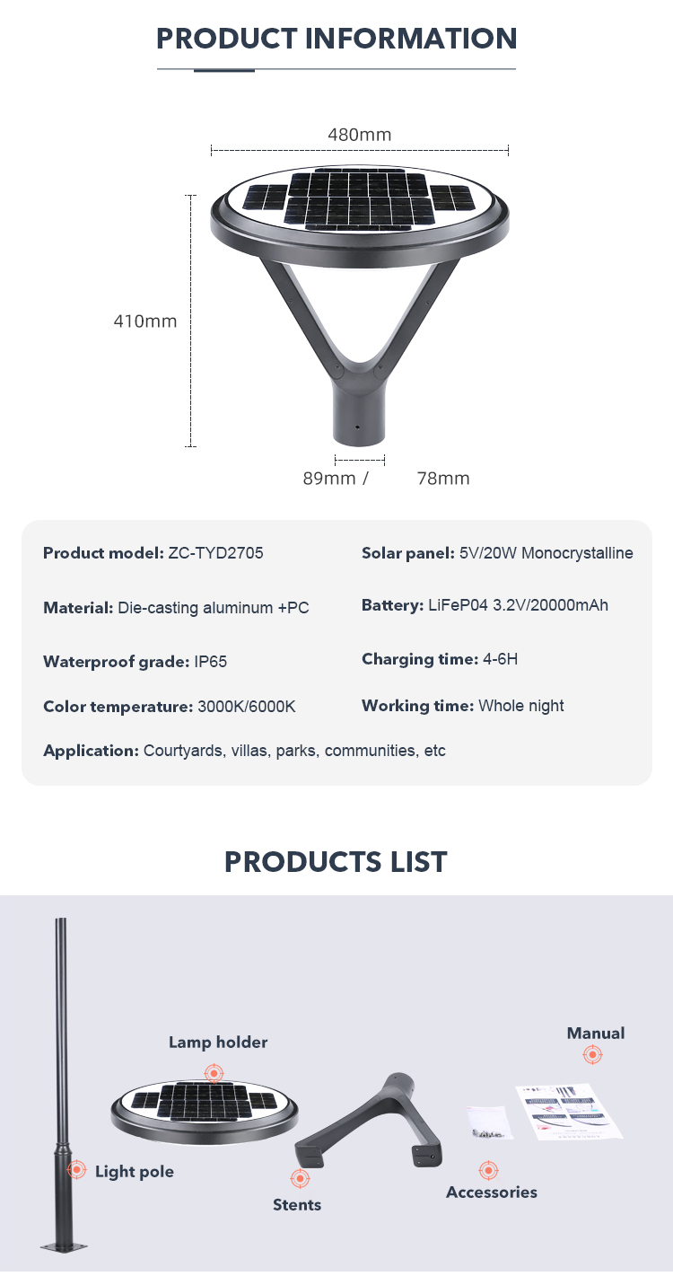 Intelligent Round Outdoor Garden Solar Light Human Body Sensor Street Light 20W 5V