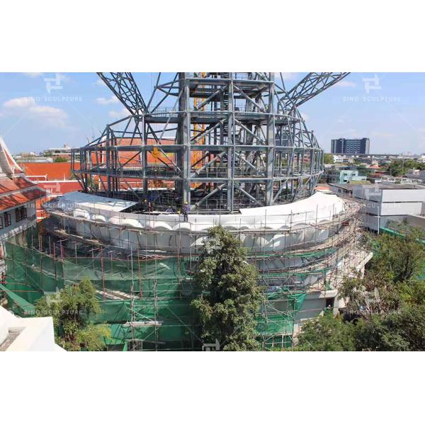 Site installation of the large customized bronze Buddha statue in Wat Paknam Bhasicharoen, Bangkok, Thailand