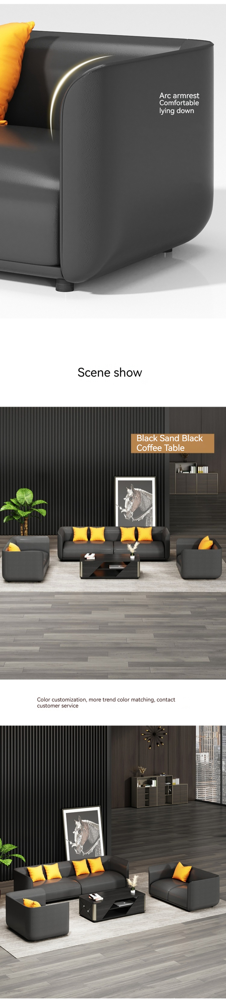 Chinese Style Reception Room Office Sofa Set with Three Leather Sofas and Coffee Table