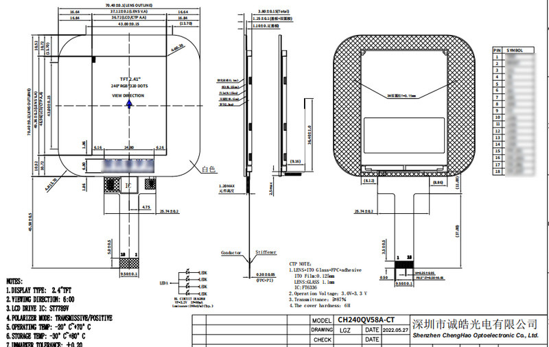ST7789V TFT SPI Display 240X320 2.4 Inch 18 Pin Capacitive Touchscreen