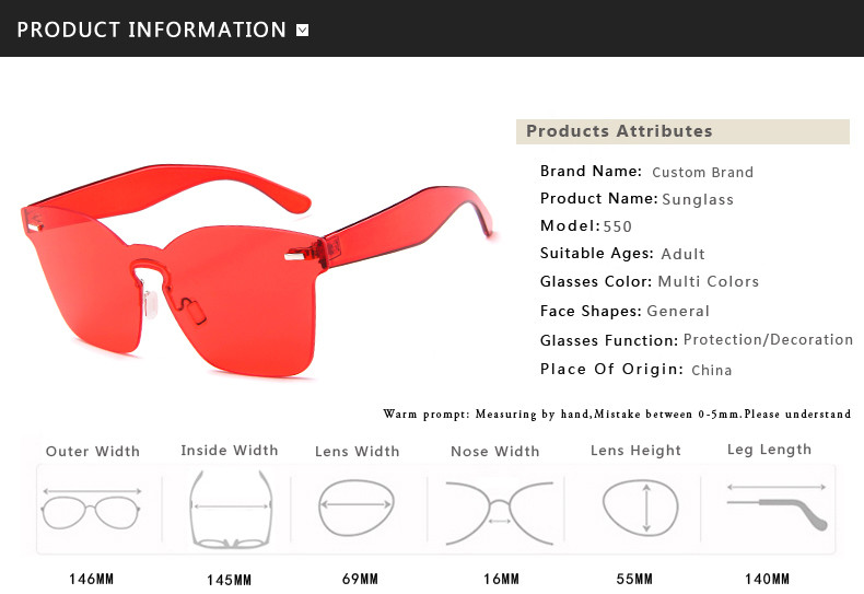 UV400 Rimless Square Frame One Piece Lens Band Packaging Women Hot Sale Sunglasses