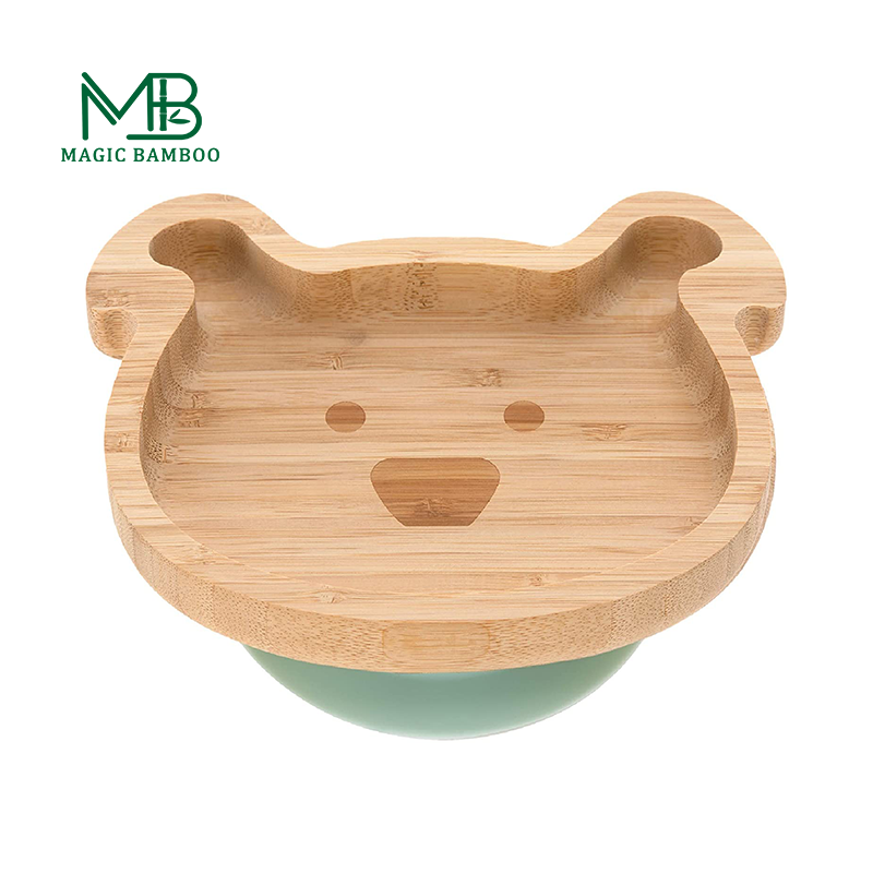 Customized Logo Cute Bear Fall-Resistant Bamboo Bowl With Feeding Spoon Silicone Base