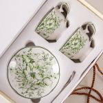 Business Gifts Occasion Ceramic Green Floral Bone Tea Cup Set With Saucer And