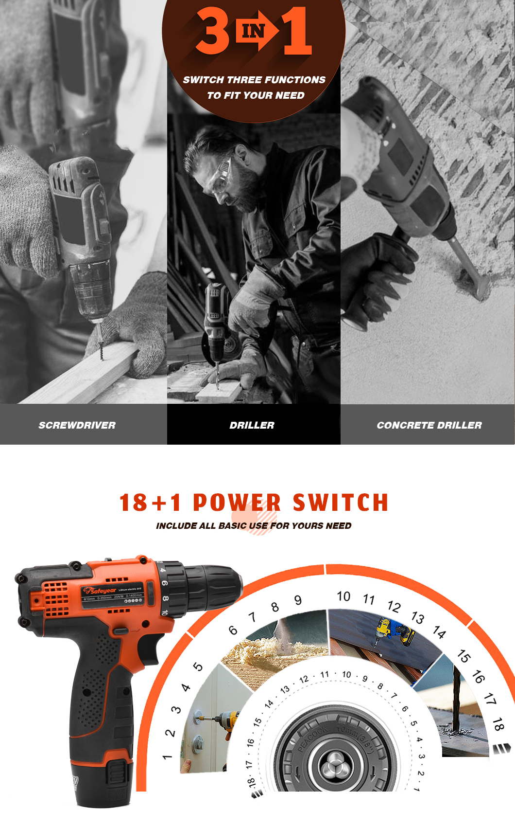 Portable Battery Brushless Power Tool Kits 12V Dual Speed Compact Screwdriver Set