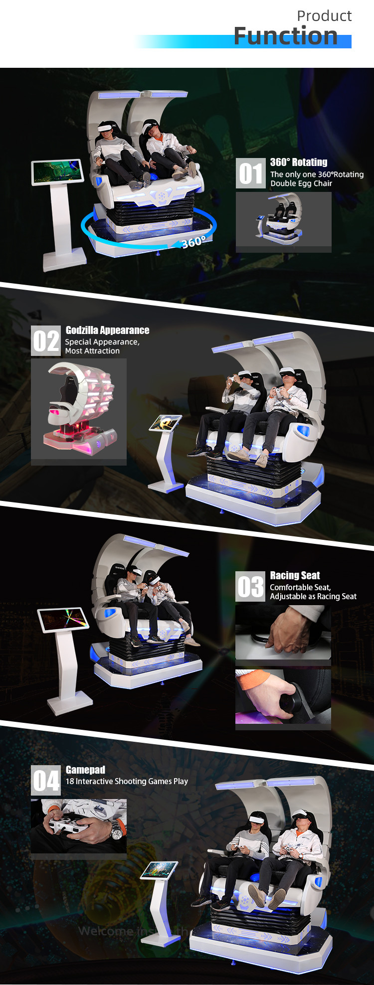 9D VR Egg Chair Double Players Super Godzilla Virtual Reality Seat For Shopping Mall