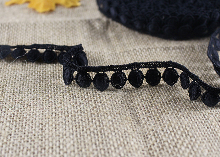 Water Soluble Flat Ball Black Lace Trim By The Yard , Chemical Polyester Lace Ribbon