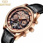 Genuine Leather Skeleton Mechanical Watch Gold Case Water Resistant