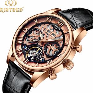 China KINYUED genuine leather tourbillon mens automatic watch skeleton mechanical watch luminous watch wholesale